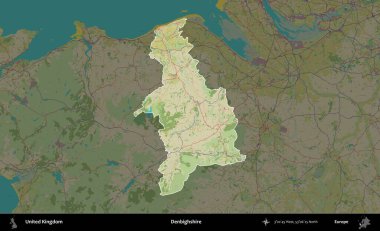 Denbighshire 'da. Birleşik Krallık 'ın idari alanı karanlık bir OpenStreetMap İnsani Haritası biçiminde vurgulanmış ve özetlenmiştir