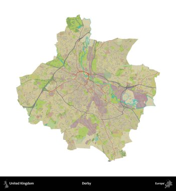 Derbi. Birleşik Krallık 'ın idari alanı bir OpenStreetMap İnsani Harita stili haritasında beyaza izole edildi
