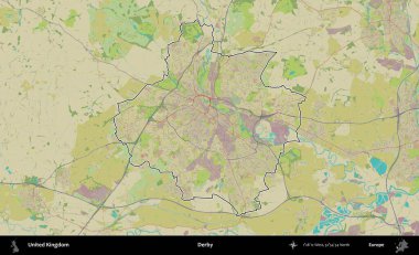 Derbi. Birleşik Krallık 'ın bir OpenStreetMap İnsani Biçim haritasında özetlenmiş idari alanı