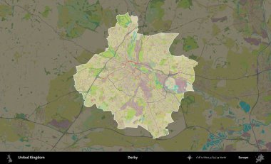 Derbi. Birleşik Krallık 'ın idari alanı karanlık bir OpenStreetMap İnsani Haritası biçiminde vurgulanmış ve özetlenmiştir