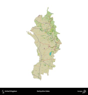 Derbyshire Dales. Birleşik Krallık 'ın idari alanı bir OpenStreetMap İnsani Harita stili haritasında beyaza izole edildi