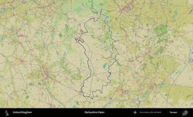 Derbyshire Dales. Birleşik Krallık 'ın bir OpenStreetMap İnsani Biçim haritasında özetlenmiş idari alanı