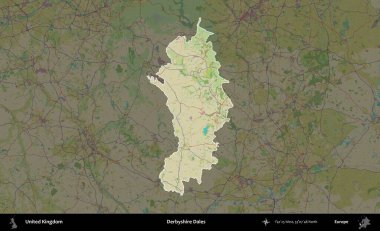 Derbyshire Dales. Birleşik Krallık 'ın idari alanı karanlık bir OpenStreetMap İnsani Haritası biçiminde vurgulanmış ve özetlenmiştir