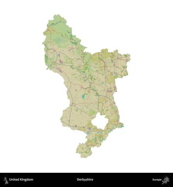 Derbyshire 'da. Birleşik Krallık 'ın idari alanı bir OpenStreetMap İnsani Harita stili haritasında beyaza izole edildi