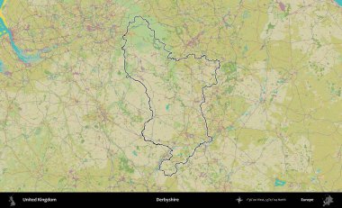 Derbyshire 'da. Birleşik Krallık 'ın bir OpenStreetMap İnsani Biçim haritasında özetlenmiş idari alanı