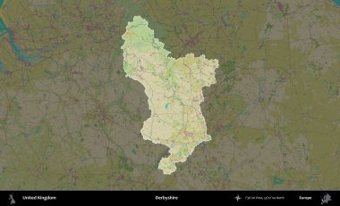 Derbyshire 'da. Birleşik Krallık 'ın idari alanı karanlık bir OpenStreetMap İnsani Haritası biçiminde vurgulanmış ve özetlenmiştir