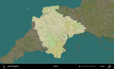 Devon. Birleşik Krallık 'ın idari alanı karanlık bir OpenStreetMap İnsani Haritası biçiminde vurgulanmış ve özetlenmiştir