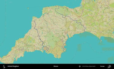 Devon. Birleşik Krallık 'ın bir OpenStreetMap İnsani Biçim haritasında özetlenmiş idari alanı