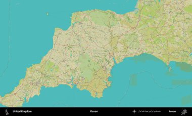 Devon. Birleşik Krallık 'ın idari alanı bir OpenStreetMap İnsani Biçim haritası üzerinde