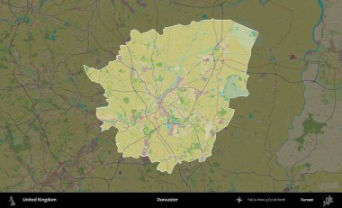 Doncaster 'da. Birleşik Krallık 'ın idari alanı karanlık bir OpenStreetMap İnsani Haritası biçiminde vurgulanmış ve özetlenmiştir