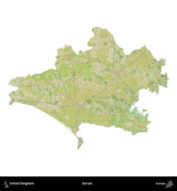Dorset. Birleşik Krallık 'ın idari alanı bir OpenStreetMap İnsani Harita stili haritasında beyaza izole edildi