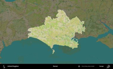 Dorset. Birleşik Krallık 'ın idari alanı karanlık bir OpenStreetMap İnsani Haritası biçiminde vurgulanmış ve özetlenmiştir