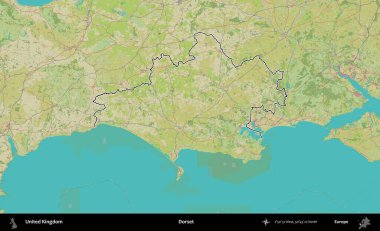 Dorset. Birleşik Krallık 'ın bir OpenStreetMap İnsani Biçim haritasında özetlenmiş idari alanı