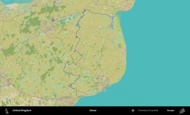 Dover. Birleşik Krallık 'ın bir OpenStreetMap İnsani Biçim haritasında özetlenmiş idari alanı
