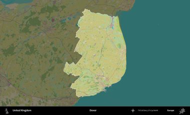 Dover. Birleşik Krallık 'ın idari alanı karanlık bir OpenStreetMap İnsani Haritası biçiminde vurgulanmış ve özetlenmiştir