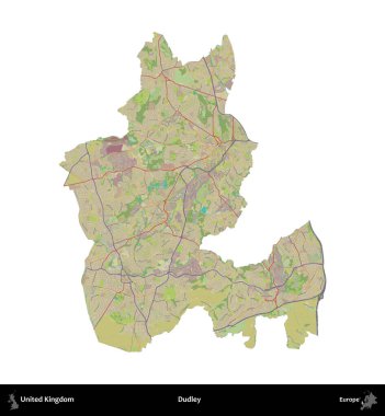 Dudley. Birleşik Krallık 'ın idari alanı bir OpenStreetMap İnsani Harita stili haritasında beyaza izole edildi