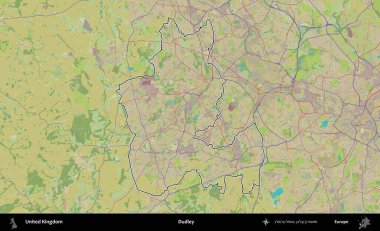Dudley. Birleşik Krallık 'ın bir OpenStreetMap İnsani Biçim haritasında özetlenmiş idari alanı