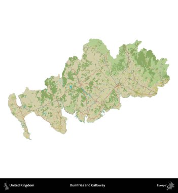 Dumfries ve Galloway. Birleşik Krallık 'ın idari alanı bir OpenStreetMap İnsani Harita stili haritasında beyaza izole edildi