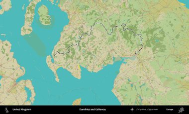 Dumfries ve Galloway. Birleşik Krallık 'ın bir OpenStreetMap İnsani Biçim haritasında özetlenmiş idari alanı