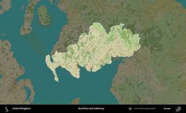 Dumfries ve Galloway. Birleşik Krallık 'ın idari alanı karanlık bir OpenStreetMap İnsani Haritası biçiminde vurgulanmış ve özetlenmiştir