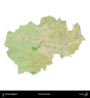 Durham ilçesi. Birleşik Krallık 'ın idari alanı bir OpenStreetMap İnsani Harita stili haritasında beyaza izole edildi