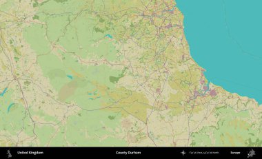 Durham ilçesi. Birleşik Krallık 'ın idari alanı bir OpenStreetMap İnsani Biçim haritası üzerinde
