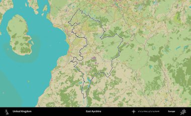 Doğu Ayrshire. Birleşik Krallık 'ın bir OpenStreetMap İnsani Biçim haritasında özetlenmiş idari alanı
