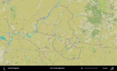 Doğu Cambridgeshire. Birleşik Krallık 'ın bir OpenStreetMap İnsani Biçim haritasında özetlenmiş idari alanı