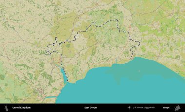 Doğu Devon. Birleşik Krallık 'ın bir OpenStreetMap İnsani Biçim haritasında özetlenmiş idari alanı