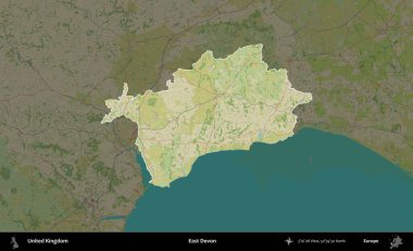 Doğu Devon. Birleşik Krallık 'ın idari alanı karanlık bir OpenStreetMap İnsani Haritası biçiminde vurgulanmış ve özetlenmiştir