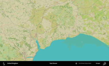 Doğu Devon. Birleşik Krallık 'ın idari alanı bir OpenStreetMap İnsani Biçim haritası üzerinde