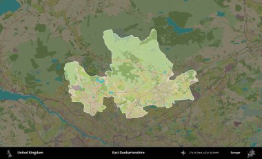 Doğu Dunbartonshire. Birleşik Krallık 'ın idari alanı karanlık bir OpenStreetMap İnsani Haritası biçiminde vurgulanmış ve özetlenmiştir