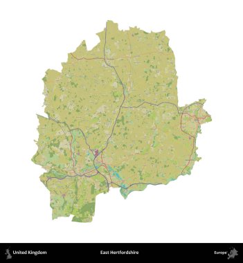 Doğu Hertfordshire. Birleşik Krallık 'ın idari alanı bir OpenStreetMap İnsani Harita stili haritasında beyaza izole edildi