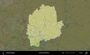 Doğu Hertfordshire. Birleşik Krallık 'ın idari alanı karanlık bir OpenStreetMap İnsani Haritası biçiminde vurgulanmış ve özetlenmiştir