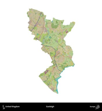 Eastleigh 'de. Birleşik Krallık 'ın idari alanı bir OpenStreetMap İnsani Harita stili haritasında beyaza izole edildi