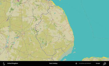 Doğu Lindsey. Birleşik Krallık 'ın bir OpenStreetMap İnsani Biçim haritasında özetlenmiş idari alanı