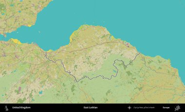 Doğu Lothian. Birleşik Krallık 'ın bir OpenStreetMap İnsani Biçim haritasında özetlenmiş idari alanı