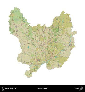 Doğu Midlands. Birleşik Krallık 'ın idari alanı bir OpenStreetMap İnsani Harita stili haritasında beyaza izole edildi