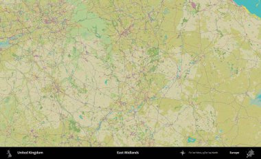 Doğu Midlands. Birleşik Krallık 'ın idari alanı bir OpenStreetMap İnsani Biçim haritası üzerinde