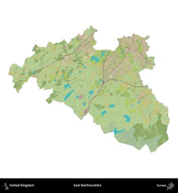 Doğu Renfrewshire. Birleşik Krallık 'ın idari alanı bir OpenStreetMap İnsani Harita stili haritasında beyaza izole edildi