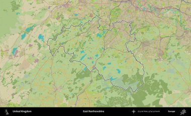 Doğu Renfrewshire. Birleşik Krallık 'ın bir OpenStreetMap İnsani Biçim haritasında özetlenmiş idari alanı