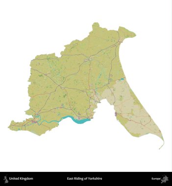 Yorkshire 'ın Doğu Biniciliği. Birleşik Krallık 'ın idari alanı bir OpenStreetMap İnsani Harita stili haritasında beyaza izole edildi