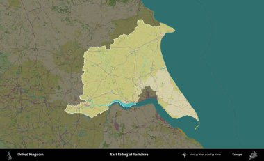 Yorkshire 'ın Doğu Biniciliği. Birleşik Krallık 'ın idari alanı karanlık bir OpenStreetMap İnsani Haritası biçiminde vurgulanmış ve özetlenmiştir