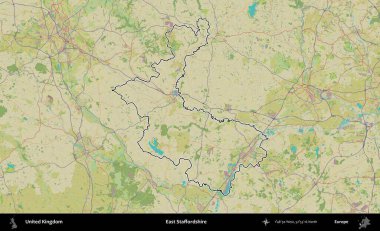 Doğu Staffordshire. Birleşik Krallık 'ın bir OpenStreetMap İnsani Biçim haritasında özetlenmiş idari alanı