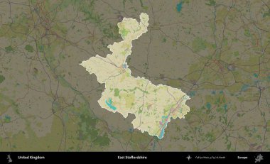Doğu Staffordshire. Birleşik Krallık 'ın idari alanı karanlık bir OpenStreetMap İnsani Haritası biçiminde vurgulanmış ve özetlenmiştir