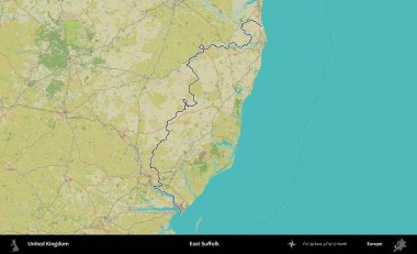 Doğu Suffolk. Birleşik Krallık 'ın bir OpenStreetMap İnsani Biçim haritasında özetlenmiş idari alanı