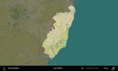 Doğu Suffolk. Birleşik Krallık 'ın idari alanı karanlık bir OpenStreetMap İnsani Haritası biçiminde vurgulanmış ve özetlenmiştir