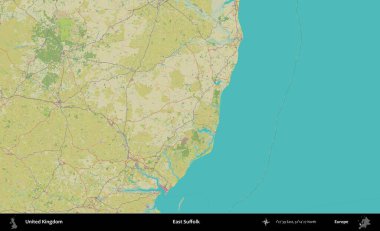Doğu Suffolk. Birleşik Krallık 'ın idari alanı bir OpenStreetMap İnsani Biçim haritası üzerinde