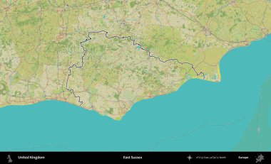 Doğu Sussex. Birleşik Krallık 'ın bir OpenStreetMap İnsani Biçim haritasında özetlenmiş idari alanı