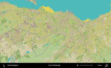 Edinburgh şehri. Birleşik Krallık 'ın bir OpenStreetMap İnsani Biçim haritasında özetlenmiş idari alanı